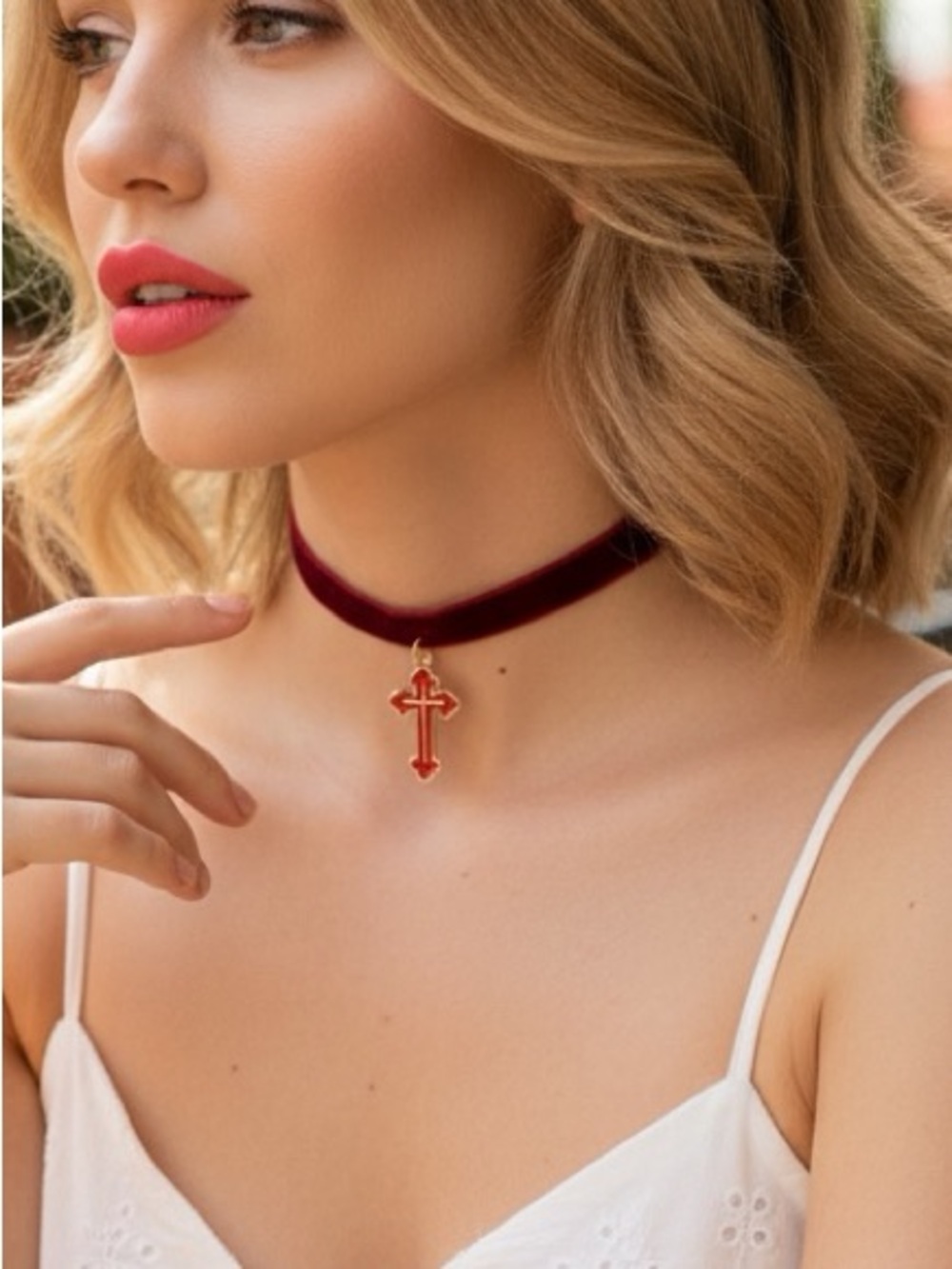 Velvet Red Cross Pendant Choker Necklace